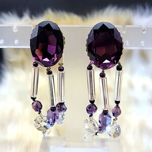 AB 3.5" Rhinestone Crystal Glass Tube Bead Clip Formal Earrings Handmade